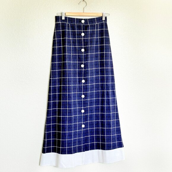 Vintage Handmade Preppy Nautical Wool Navy Blue Plaid Maxi Skirt Size S - Picture 6 of 13